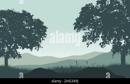 Stunning mountain view from the village with silhouettes of big trees around it.Vector illustration of a city Stock Vector