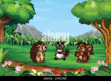 Happy small animals are playing in a beautiful landscape Stock Vector