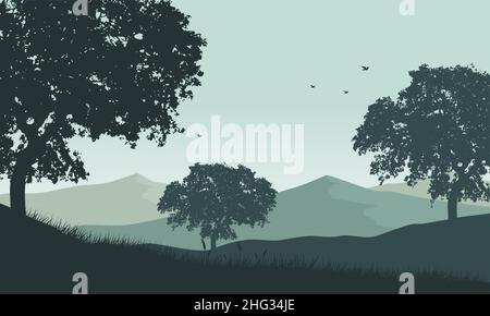 Beautiful mountain view with a pine tree silhouette from the edge of the city Stock Vector