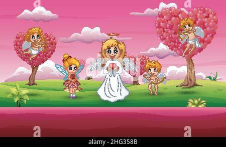 Cupid family cartoons in a pink garden Stock Vector