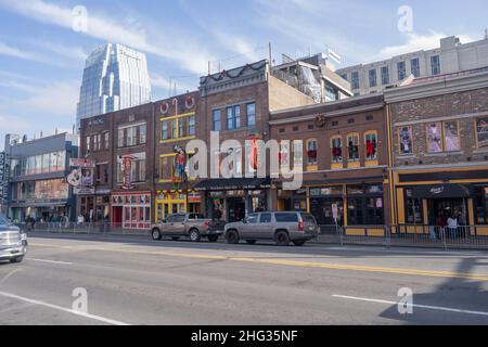 Broadway is a major thoroughfare in the downtown area in Nashville, Tennessee. It includes Lower Broadway, an entertainment district renowned for honk Stock Photo
