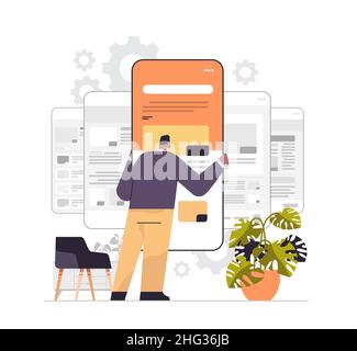 man technician working on smartphone repairing mobile application setting option adjusting application operating system maintenance Stock Vector