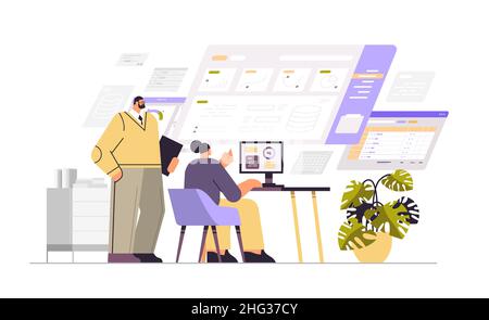 businesspeople analyzing financial data on virtual charts and graphs planning report market analysis accounting Stock Vector