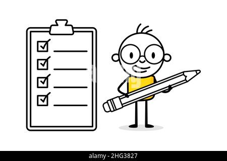 Businessman with a pencil checking a checkinglist. Hand drawn doodle man. Business concept with funny stickman. Vector stock illustration. Stock Vector