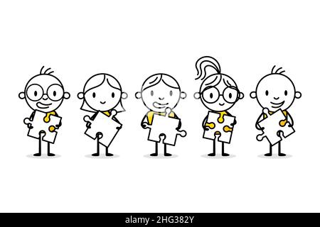Businessmen connecting puzzle elements. Hand drawn doodle man. Business concept with funny stickman. Vector stock illustration. Stock Vector