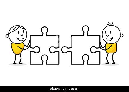 Two smiling stick figures holding puzzle elements. Hand drawn doodle men. Business concept with funny stickman. Vector stock illustration. Stock Vector