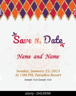 Save the Date Luxury Colorful Wedding invitation vector. Shiny Wedding card with a glitter texture. Save the date cards. Vector illustration. Stock Vector