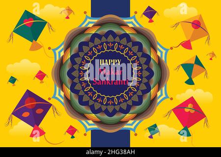 Happy Makar Sankranti vector illustration. Flying colorful kites in sky. Spool & thread. Mandala design. Greeting car, Flyer, Poster, Banner, Website Stock Vector