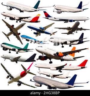 Collage of different modern airplanes on white background Stock Photo