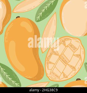 Fruit seamless pattern for textile products, mango pieces, bone and leaves in a flat style  Stock Vector