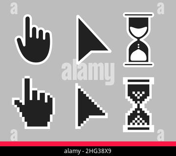 Pointer hand, arrow and hourglass loading clock mouse cursors Stock Vector