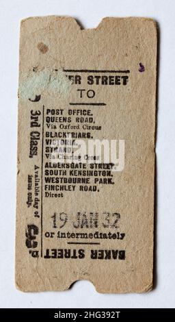 1930s London Transport Railway Train Ticket Stock Photo