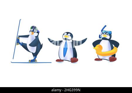 cute penguins animals icons set antarctic birds full length horizontal Stock Vector