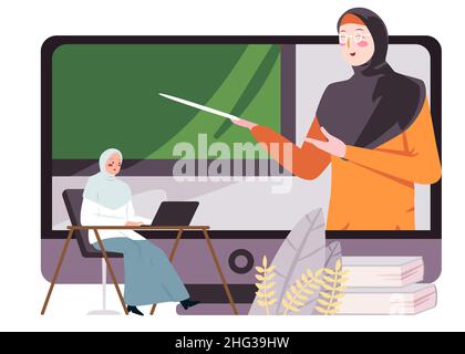 Hybrid learning online study teacher in screen with student wearing veil hijab scarf digital school Stock Vector