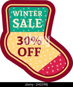 Christmas sock. Christams sticker vector illustration. Green beige pink label with snow pattern Stock Vector