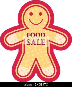 Christmas geingerbread man. Christmas sticker vector illustration. Green beige pink label with snow pattern Stock Vector