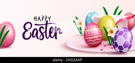 Easter eggs vector background design. Happy easter text with 3d realistic eggs in colorful and abstract pattern for holiday season ornament decoration. Stock Vector
