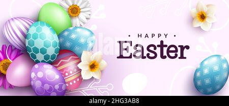 Easter season vector background design. Happy easter text in decorative background with eggs pattern and flower elements for egg hunting seasonal. Stock Vector