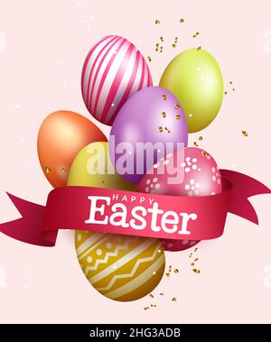 Easter egg season vector concept design. Happy easter text in ribbon lasso with 3d colorful and abstract pattern eggs for seasonal holiday celebration. Stock Vector