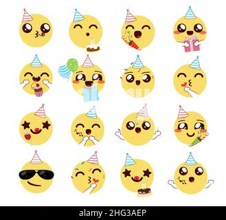 Kawaii birthday emojis vector design. Birth day emoji faces in happy facial expression with party hats, gifts and cake element for cute celebration. Stock Vector