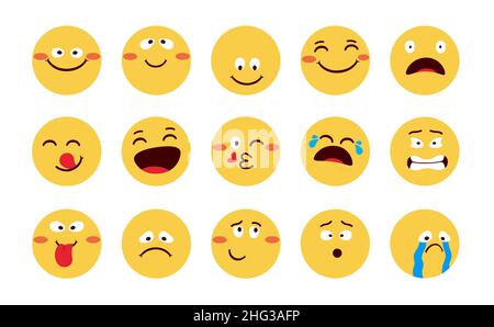 Emoji emoticons vector set design. Emojis flat faces collection with reactions of happy, jolly and scared isolated in white background for facial. Stock Vector