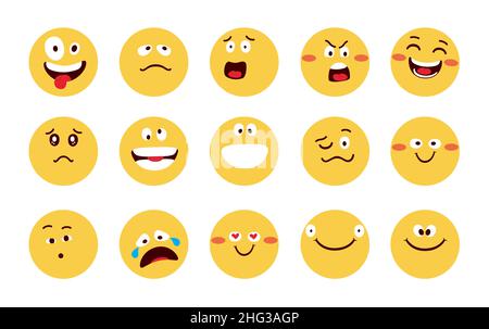 Emojis character vector set design. Emoji flat in yellow faces with happy, funny and angry facial expressions for cartoon emoticon reaction collection Stock Vector