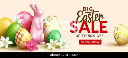 Easter sale vector banner design. Big easter sale text up to 50% off promotion with 3d realistic bunny and eggs for seasonal shop discount. Stock Vector