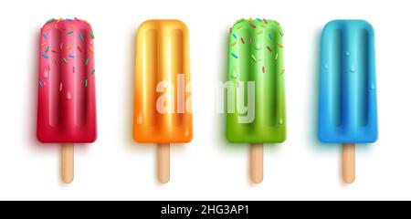 Popsicles element vector set design. 3d realistic popsicle dessert with sweet, fruity flavor like strawberry and orange isolated in white background. Stock Vector