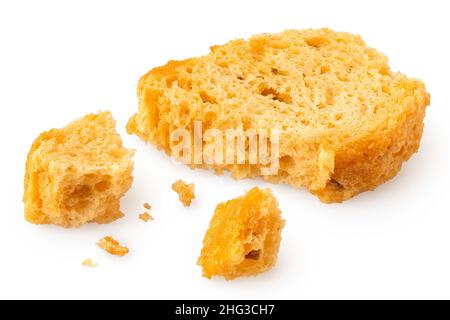 Olive and tomato bruschetta chip isolated on white. Broken with crumbs. Stock Photo