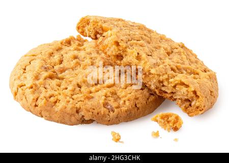 One and half stem ginger biscuits with crumbs isolated on white. Stock Photo
