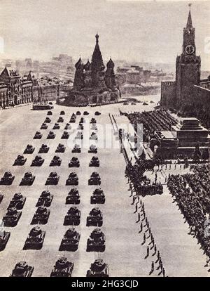 Vintage photo of Red Army's military parade. Moscow, Red Square, May 1, 1945 Stock Photo