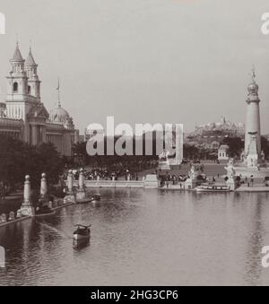 Vintage Palace of Varied Industries, Plaza St. Louis, and Purchase Monument and Tyrolean Alps from Grand Basin, World's Fair, St. Louis, Missouri. USA Stock Photo