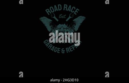 road race skull with feather vintage motorcycle monogram text vector template Stock Vector