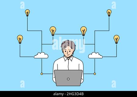 Creativity innovation and business idea concept. Young positive businessman sitting with laptop working on project having great innovative idea making tasks writing on laptop vector illustration  Stock Vector