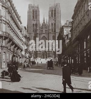 Vintage photo of Brussels. Rue Ste. Gudule and the Cathedral (Ste. Gudule) Brussels, Belgium. 1900s Stock Photo