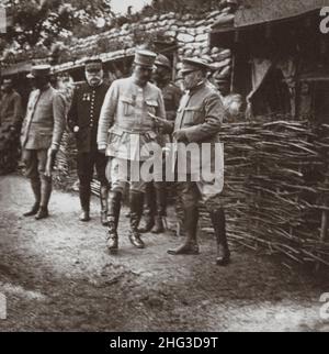 Archival photo of First World War. President Poincare and Marshall Joffre visiting officers' quarters on the Somme front. 1914-1918 Stock Photo