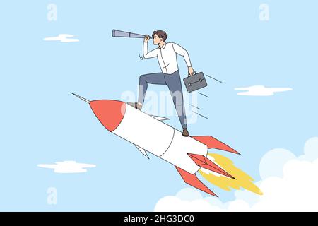 Business development and strategy concept. Young smiling businessman standing on rocket and looking forward with spyglass looking for opportunities vector illustration  Stock Vector