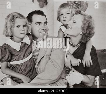 Vintage photo of senator and Mrs. Richard M. Nixon with daughters Tricia and Julie. 1950s