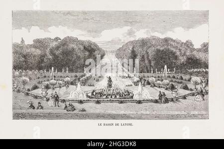 Engraving of Versailles. 1850-1865, by Jean Best (1808-1879) – graphic artist Latona’s Fountain, fragment of the park in Versailles. 19th century. Fra Stock Photo