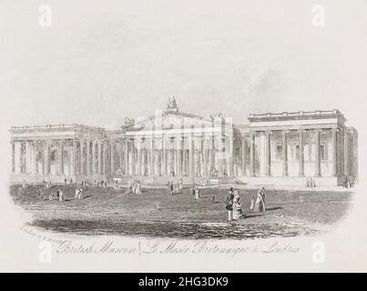 Engraving of British Museum in London. 1862 The British Museum is a public institution dedicated to human history, art and culture located in the Bloo Stock Photo