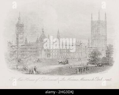 Engraving of view of the Parliament building in London. 1862 Stock Photo