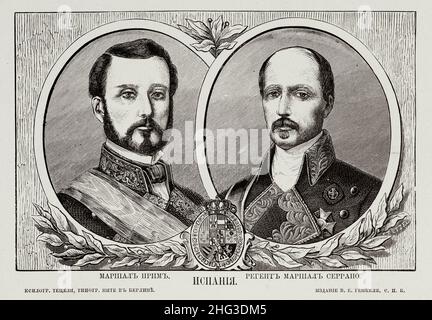 Russian engraving of the rulers of Spain of the 19th century. Portraits of Juan Prim (left), Marshal of Spain and Francisco Serrano, Regent of Spain J Stock Photo