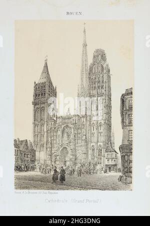 Lithograph of view of the Rouen Cathedral. 1876-1877 Rouen Cathedral (French: Cathédrale primatiale Notre-Dame de l'Assomption de Rouen) is a Roman Ca Stock Photo