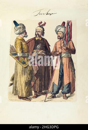 Lithograph of Turkish army (Ottoman troops) of 1600-1805. Janissary ...