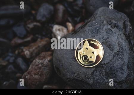 Shiba Inu crypto coin with copy space for text. Close-up of single gold Shib cryptocurrency on rocks outdoor. Low key toned photo for banners and news about meme token. Stock Photo