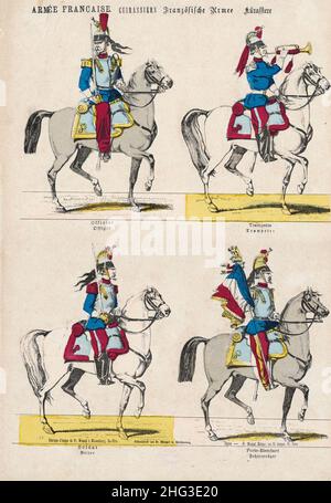 Vintage color illustration of French Army. Cuirassiers. 1869 Officer, drummer, soldier, cavalryman, flag bearer Stock Photo