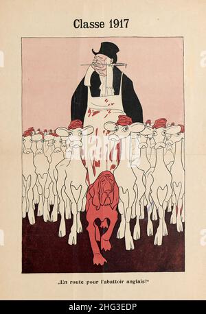 Vintage French anti-war (anti-German) poster: Class of 1917: 'Let's go to the English slaughterhouse!'.  1916