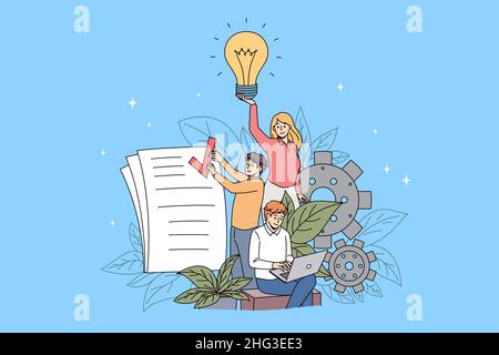Teamwork collaboration and business idea concept. Group of young partners colleagues teammates working on project having great innovative idea making tasks writing on laptop vector illustration  Stock Vector