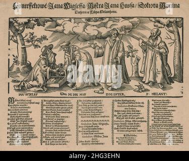 The 16th engraving of John Wycliffe, Jan Hus, Martin Luther and Philip Melanchthon. 1569 Allegory of intellectual succession of Reformation ideas. Joh Stock Photo