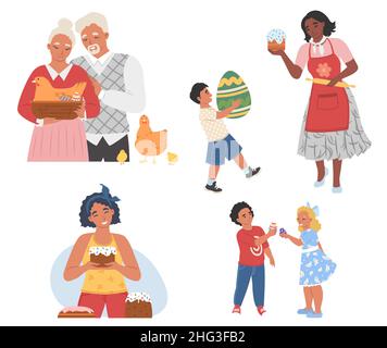 Family Easter celebration scene set, vector illustration. Spring season holiday with decorated Easter eggs, cake, basket Stock Vector